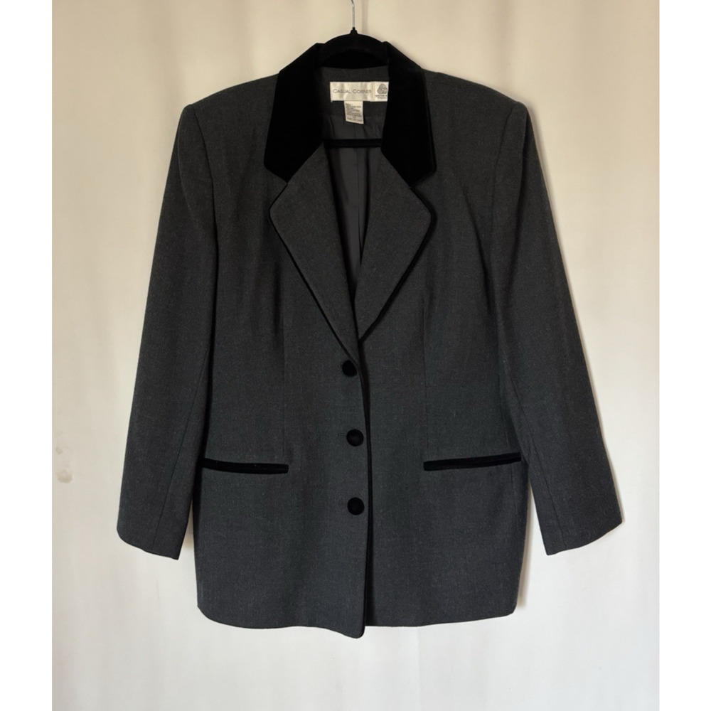 Vtg Casual Corner Blazer Jacket 12 Wool Gray Velvet Accents Elegant 80s 90s